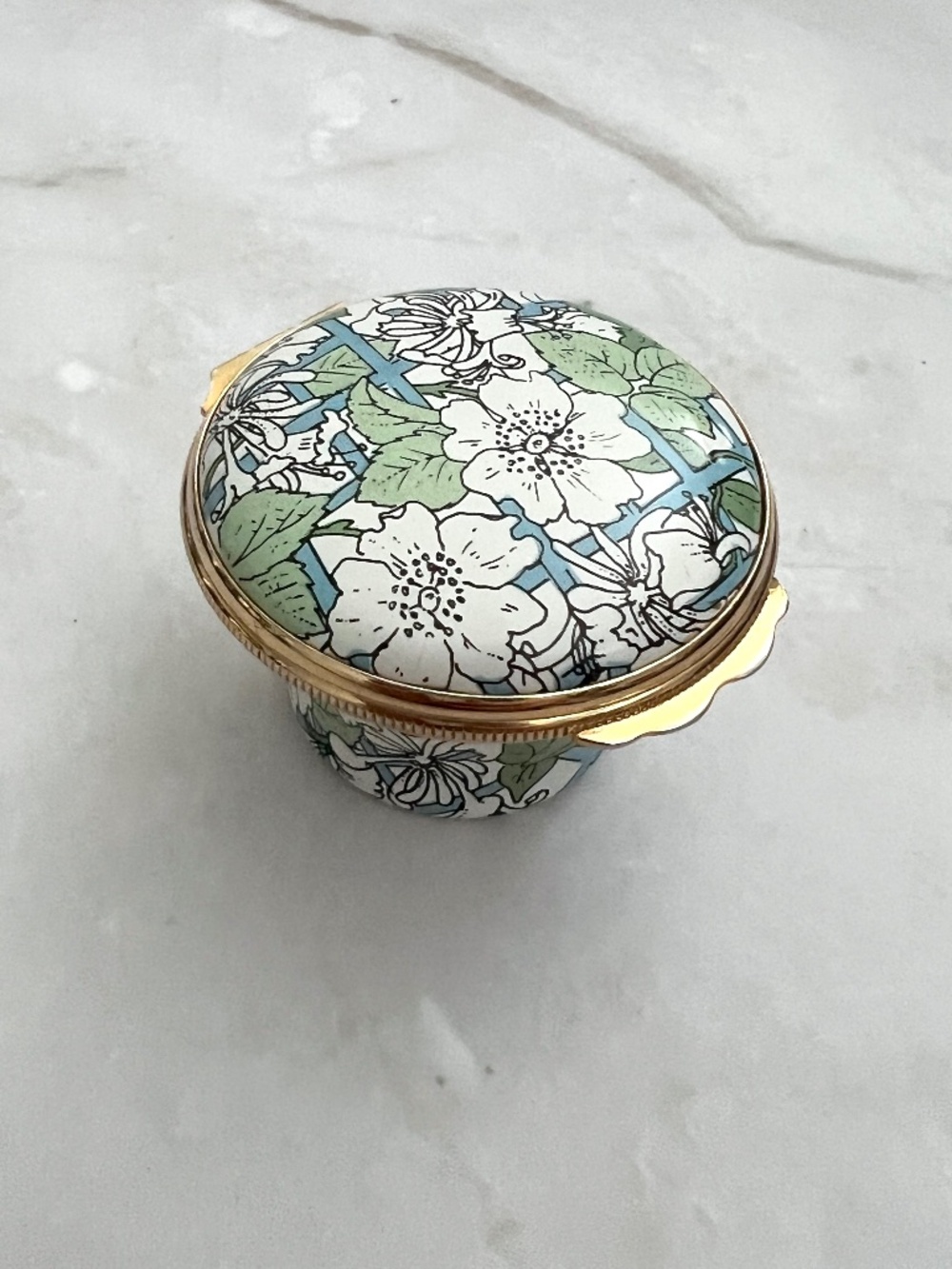Vintage Halcyon Days Enamel Box White Floral Trellis English Hand Painted